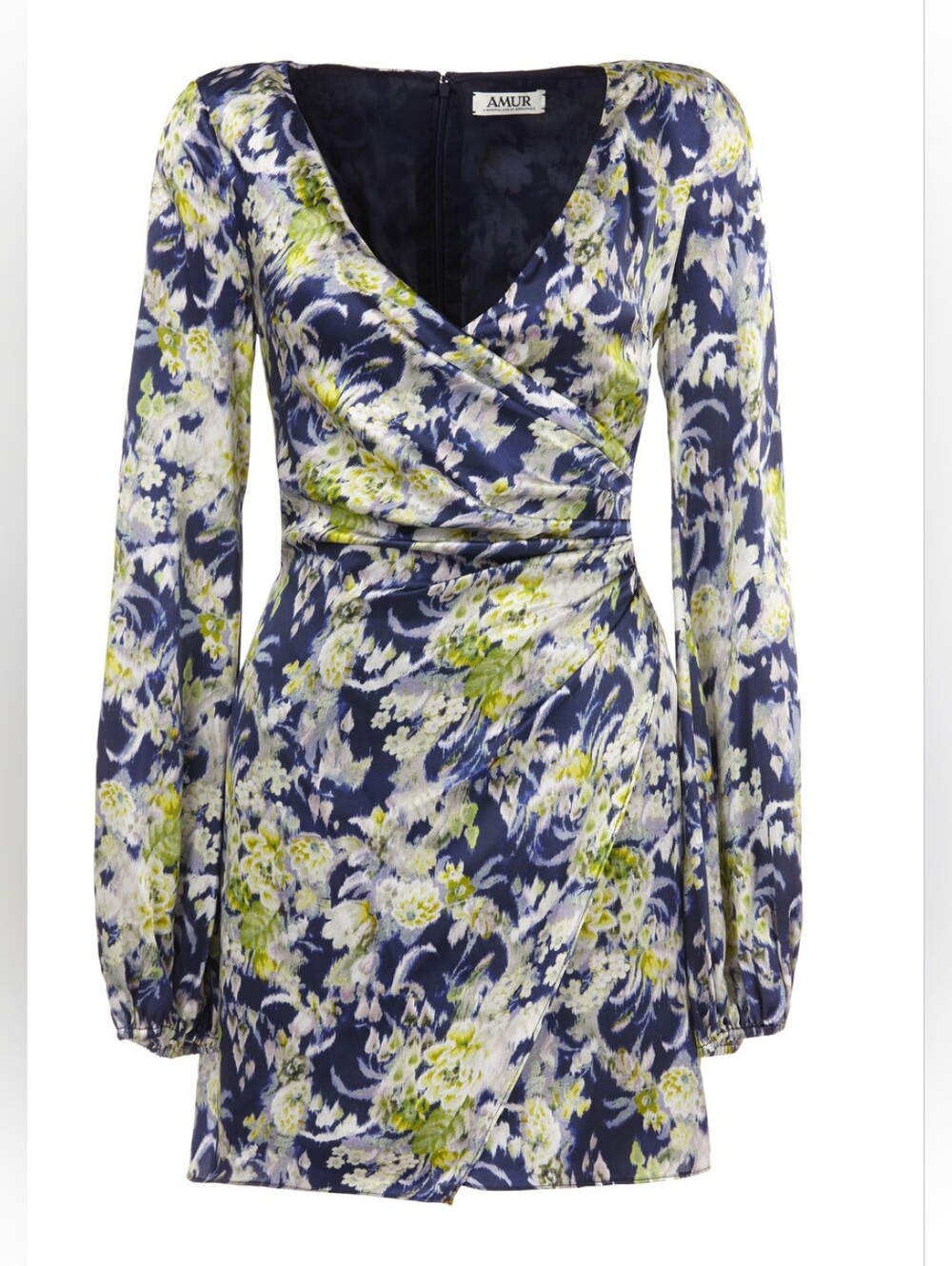 AMUR Fran Floral Silk Mini Dress Navy Blue Yellow Long Sleeve Wrap Style